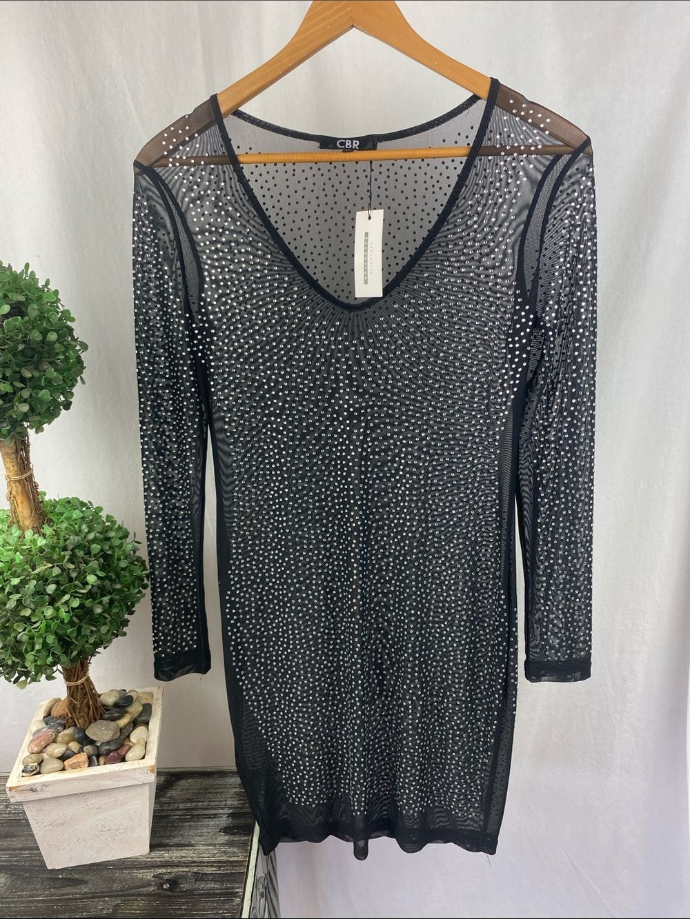CBR Black & Silver Rhinestone Sheer Long Sleeve Dress NEW M